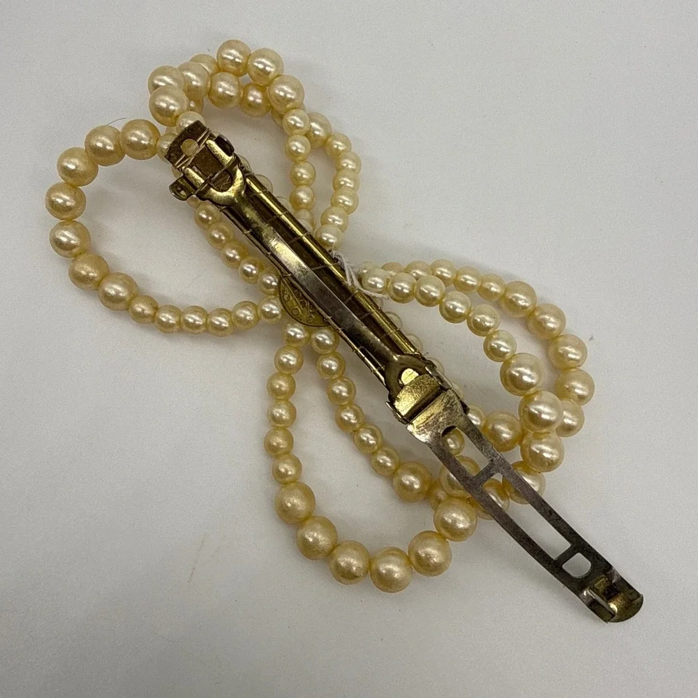 Vintage 90s Faux Pearl Bow Hair Barrette Cream Multi Strand French Clip 4.5 Inch